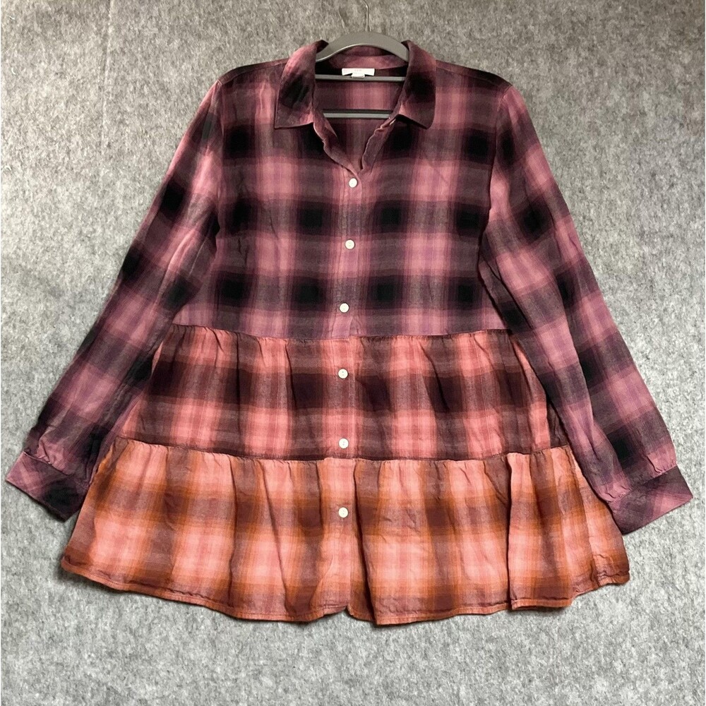 J. Jill Shirt Womens M Purple Plaid Ombre Tiered Long Sleeve Artsy Boho Top